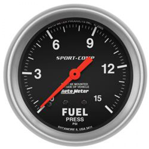 AutoMeter 3411 Sport-Comp 2-5/8" Mech Fuel Pressure Gauge 0-15 PSI Illuminated - ATM3411